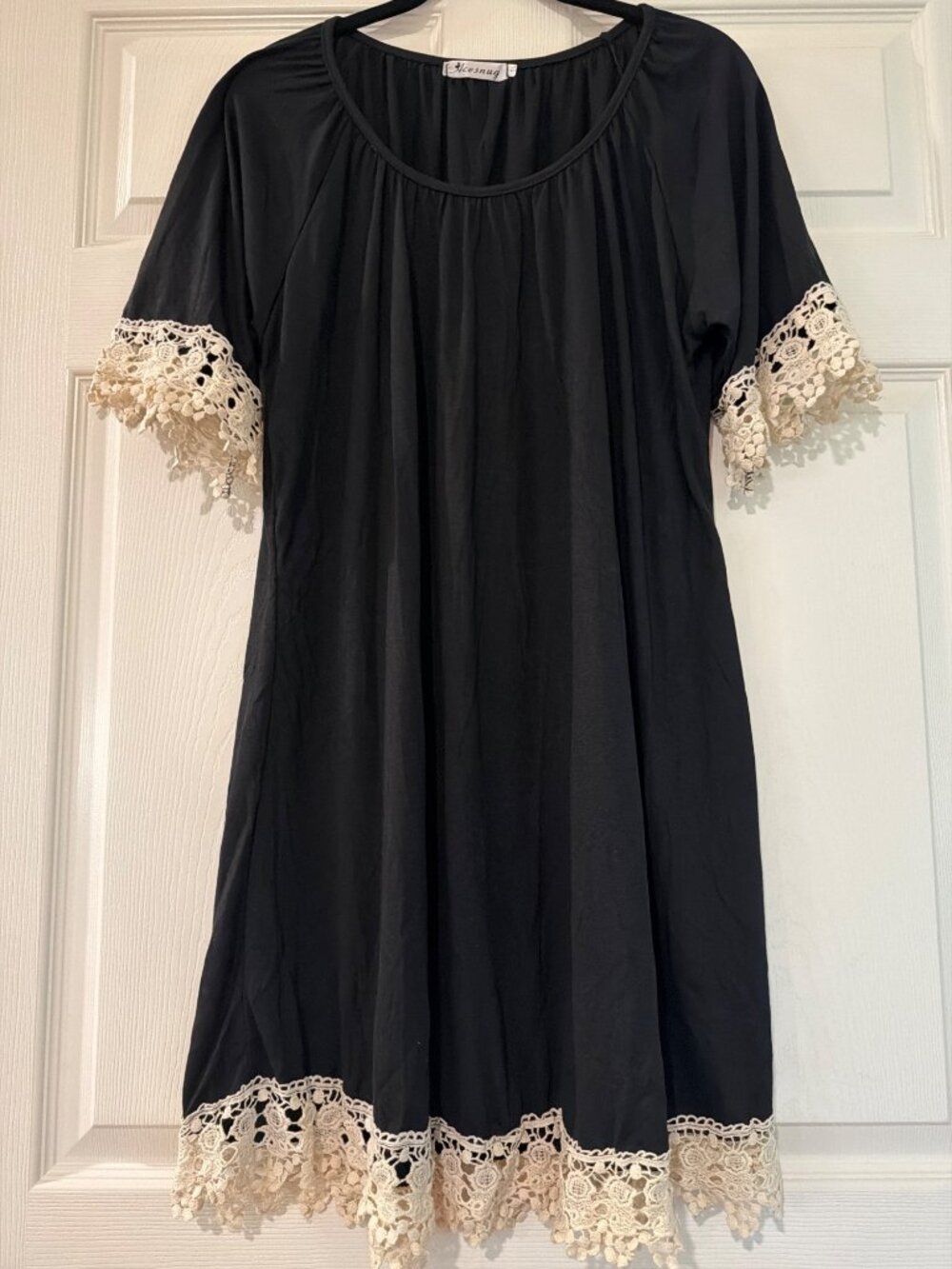 Black Short-Sleeve Dress With Lace Trim Hem & Sleeves By Acesnug Size XL